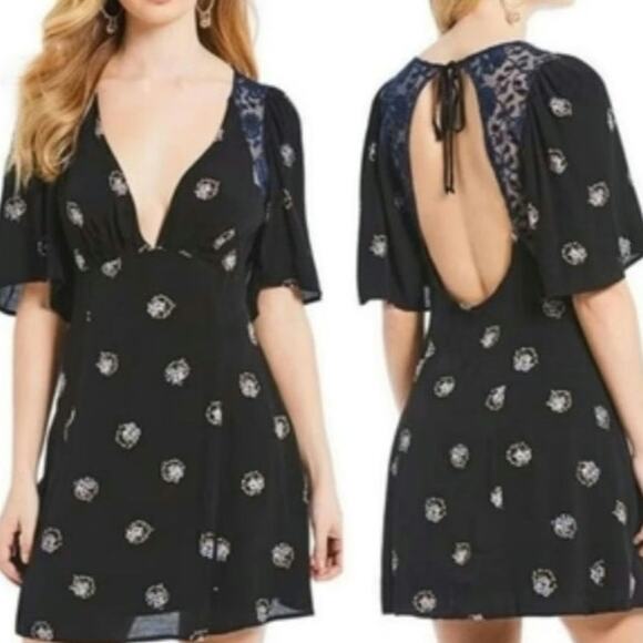 Free People Mockingbird Size 2 Black Blue Lace Mini Dress - Picture 1 of 5